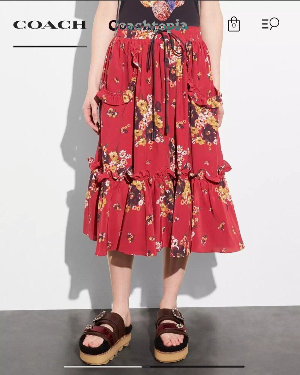 NWOT Coach Daisy Bouquet Ruffle Midi Skirt Leather Drawstring Floral Size 4